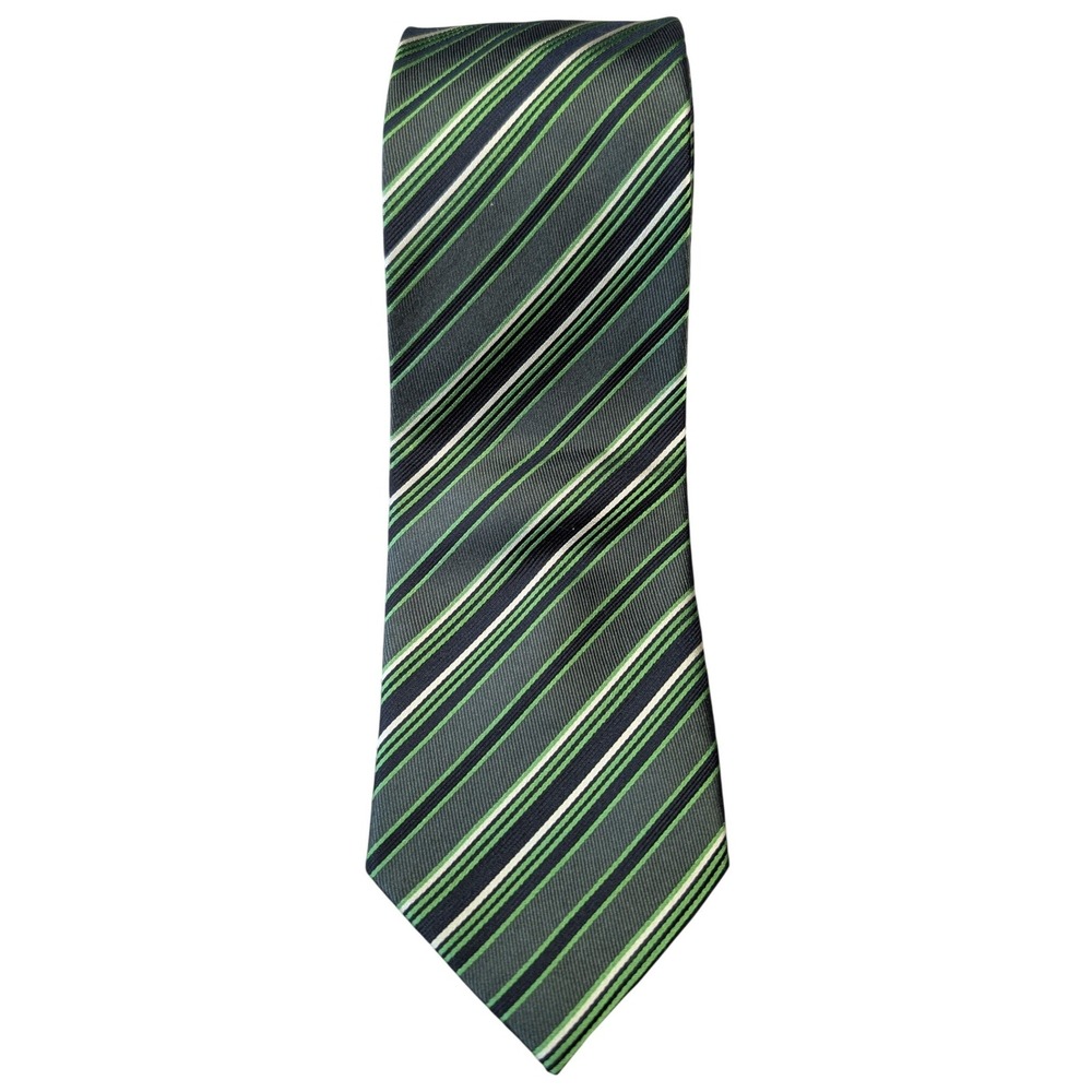 Vintage Bellissimo 100% Silk Neck‎ Tie Black Green Stripe Formal Office